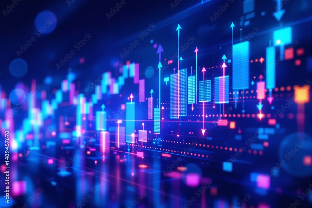 Poster colorful abstract financial graph with glowing bars and arrows in a digital style on a dark futurist