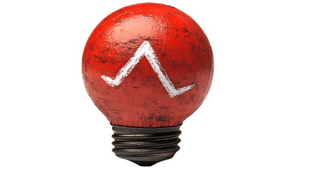 Red light bulb with white graphic against black background concept