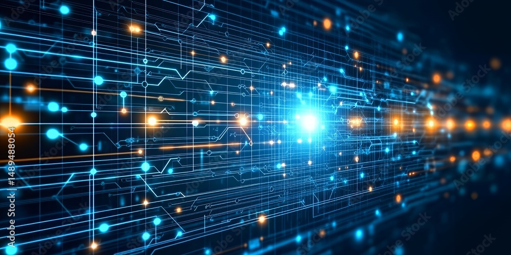 Poster abstract digital technology background showing futuristic circuit board with glowing lines and nodes
