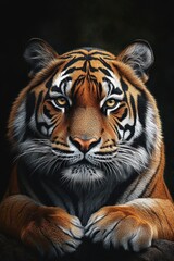Fototapeta premium Close-up of a majestic Bengal tiger resting with intense gaze against a dark background, showing detailed fur and striking facial markings