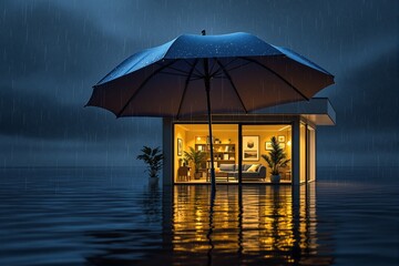 Illuminated modern house under large umbrella in rainstorm, photorealistic style, dark water background, concept of safety and protection in adversity
