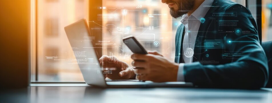 Focused businessman using smartphone and laptop simultaneously with data interface overlays in modern office environment during daytime