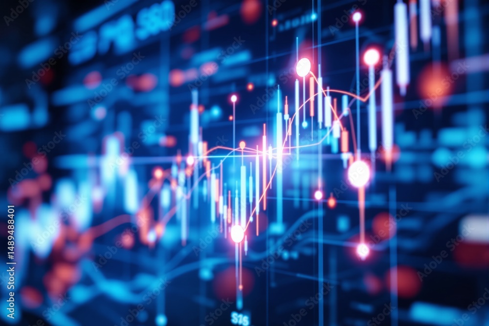 Poster colorful digital candlestick chart with glowing data points and lines in abstract style on futuristi