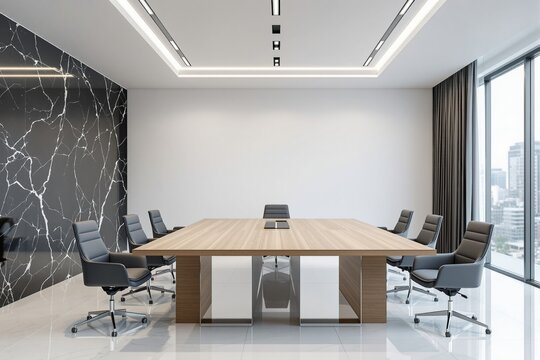 Contemporary business meeting room with wood table and leather chairs, minimalist style, bright background, concept of corporate workspace design