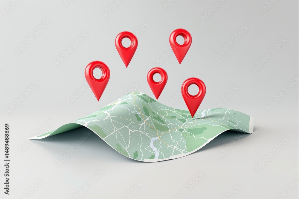 Poster folded map with multiple red location markers floating above, minimal graphic style, light gray back