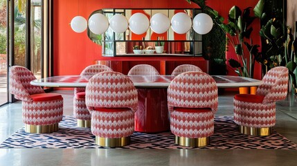 Modern dining room interior with red table and patterned chairs