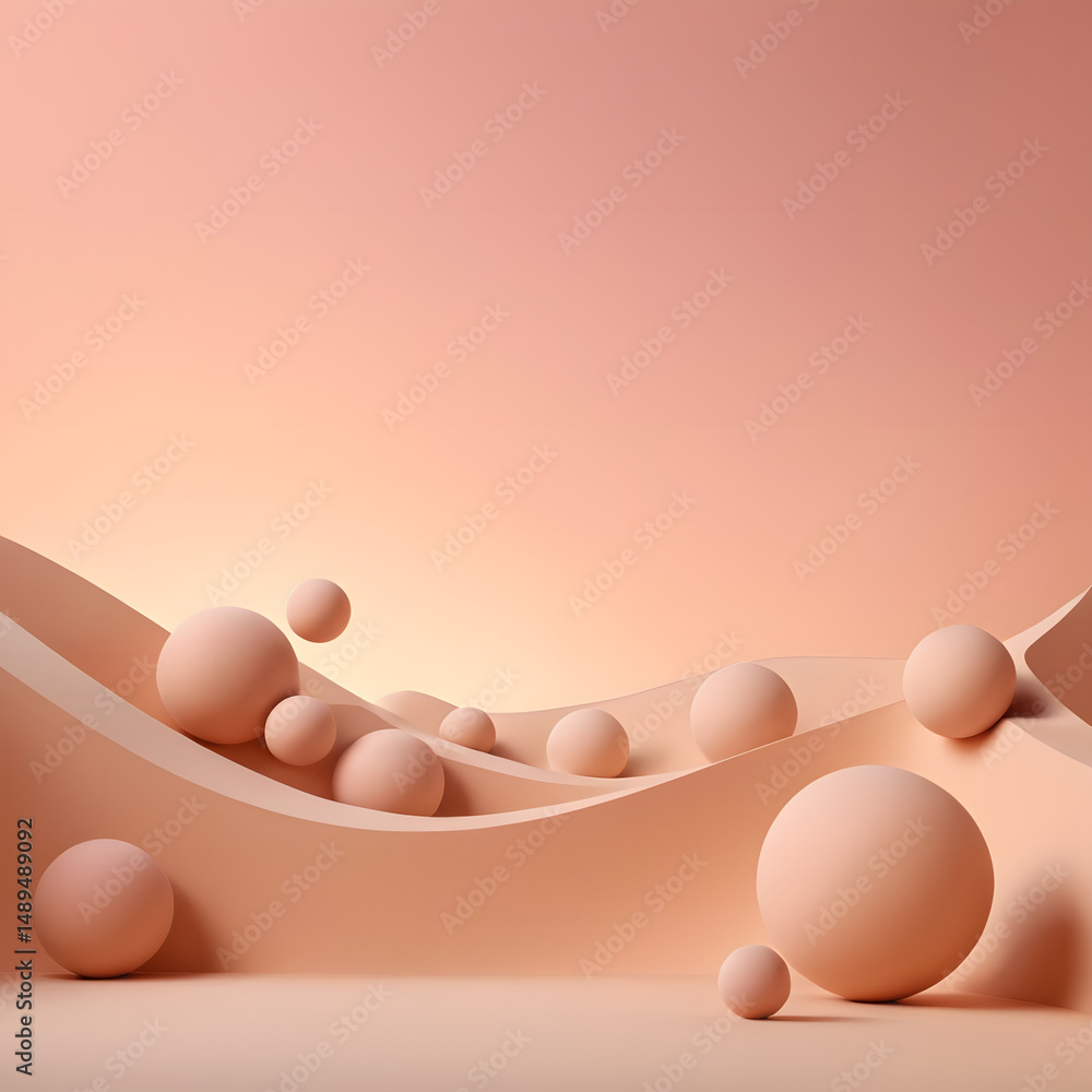 Poster abstract peach-colored 3d render smooth spheres on undulating hills