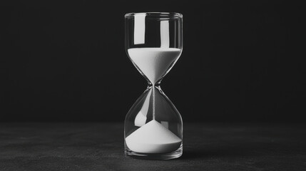 Sleek hourglass with white sand on dark background symbolizing time and countdown