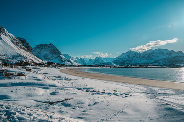 Snowy Ramberg Beach and Mountains in Lofoten