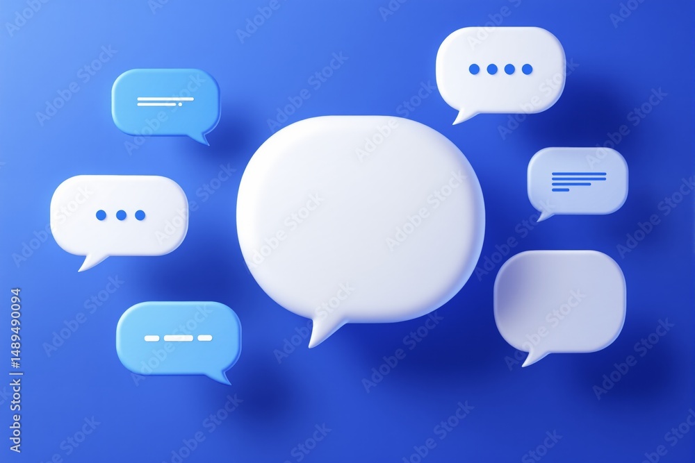 Poster speech bubbles with text symbols in minimal graphic style on a blue background, representing digital