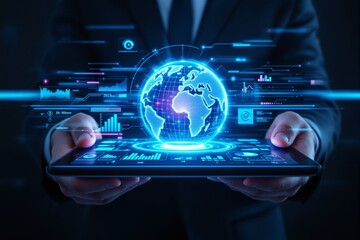 Businessman holds tablet showing glowing digital globe with futuristic data charts, glowing interface on dark background, concept of global business tech