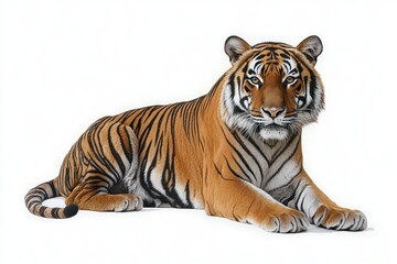 majestic adult tiger lying down calmly with alert gaze against white background