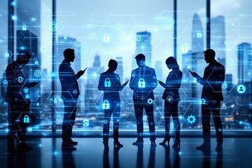 Silhouettes of businesspeople using mobile devices with cybersecurity icons overlay, futuristic digital style, city office background, tech security concept