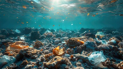 Fototapeta premium A coral reef damaged by pollution, littered with plastic bags and fading marine biodiversity.