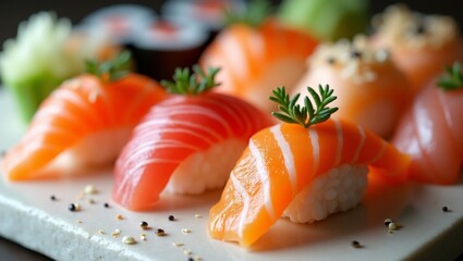 Macro Shot of Sushi Rolls – Detailed Close-Up of Traditional Japanese Food with Fresh Ingredients and Elegant Presentation
