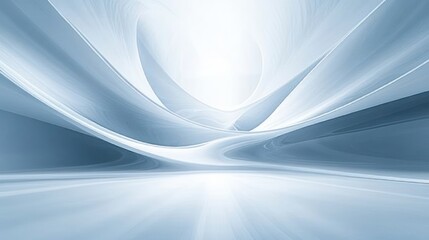 Abstract smooth flowing shapes in shades of light blue and white creating a futuristic and serene landscape with reflective floor and soft gradients