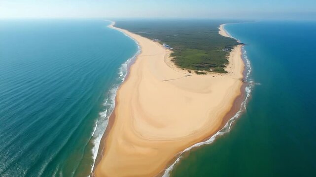 Figueirinha Sandspit Beach and Atlantic Ocean. Portugal. Aerial High Angle View. Orbiting