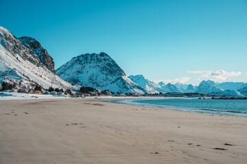 Snowy Ramberg Beach and Mountains in Lofoten