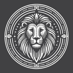 Rustic Lion with Cape and Rustic Emblem Drawing &ndash; Vintage Heroic Wildlife Animal Vector Artwork for Regal Apparel, Posters, and T-Shirt Designs on Dark Background