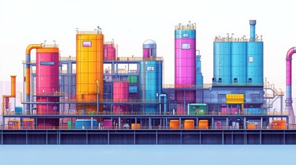 Obraz premium Vibrant industrial complex with colorful storage tanks and pipes against a serene backdrop