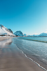 Snowy Ramberg Beach and Mountains in Lofoten