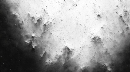 high contrast black and white powder explosion resembling cosmic dust cloud with dynamic particle dispersion