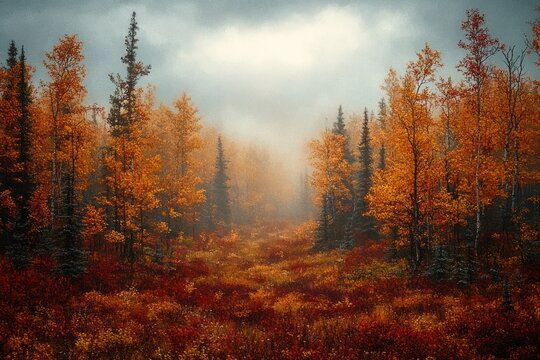 misty forest landscape with vibrant autumn foliage in shades of orange and red under a cloudy sky