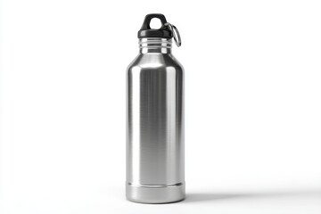 A stainless steel water bottle standing upright on white