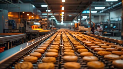 Obraz premium Industrial bakery with dough being kneaded in large mixers, high-speed bread cutting machines, and automated frosting dispensers.