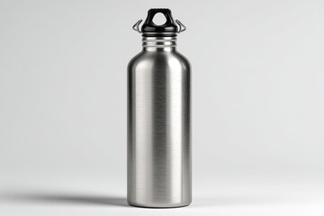 A stainless steel water bottle standing upright on white
