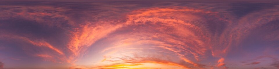 Seamless 360 HDR spherical panorama of dark sunset sky with glowing vibrant pink Cirrus clouds. Full zenith or sky dome in 3D, sky replacement for aerial drone panoramas. Climate and weather change.