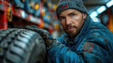 Mechanic Servicing Wheel: A diligent mechanic meticulously works on a car wheel, using specialized tools in a well-equipped auto repair shop.