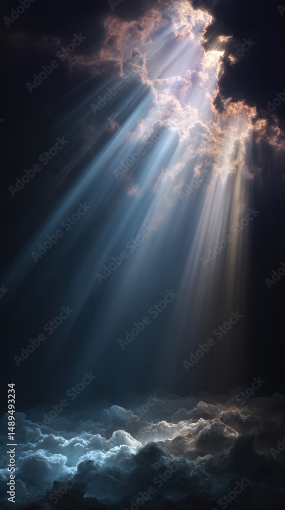 Poster ethereal light rays illuminating dark clouds in a dramatic sky during twilight with soft textures an