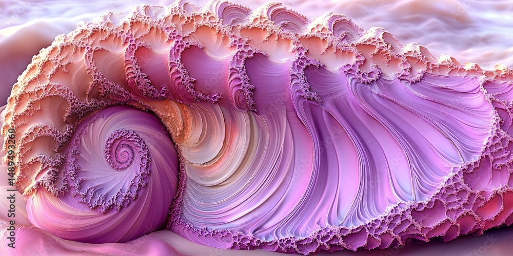 Poster abstract pink and purple fractal art swirling spiral design with textured waves and delicate details