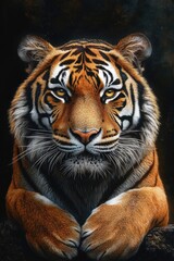 Fototapeta premium Close-up of a majestic tiger lying down with intense gaze against a dark background, highlighting its detailed fur and striking facial features
