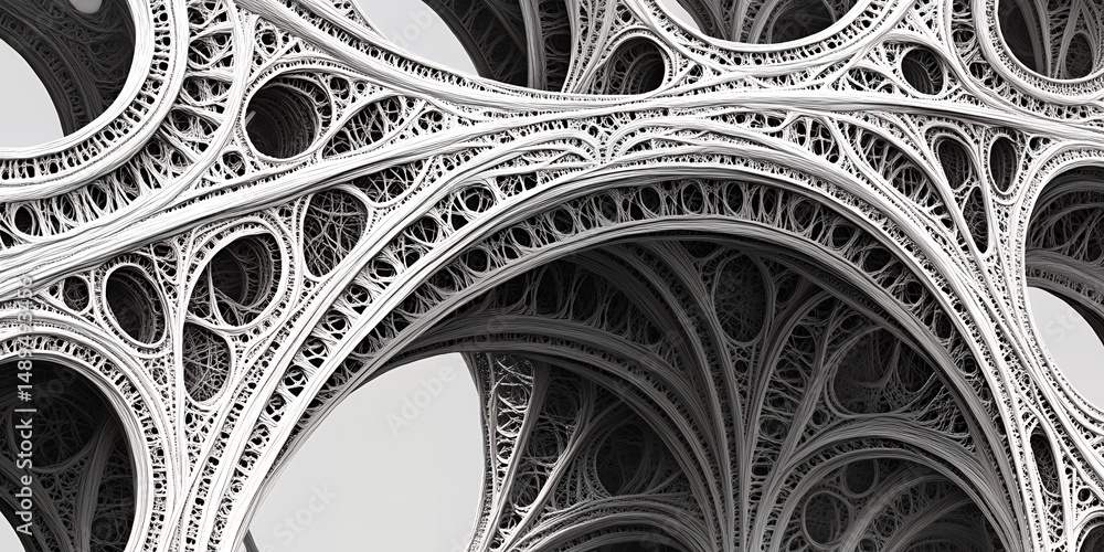 Poster intricate abstract architectural design black and white 3d render of complex geometric structure wit