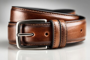 A classic brown leather belt with silver buckle isolated