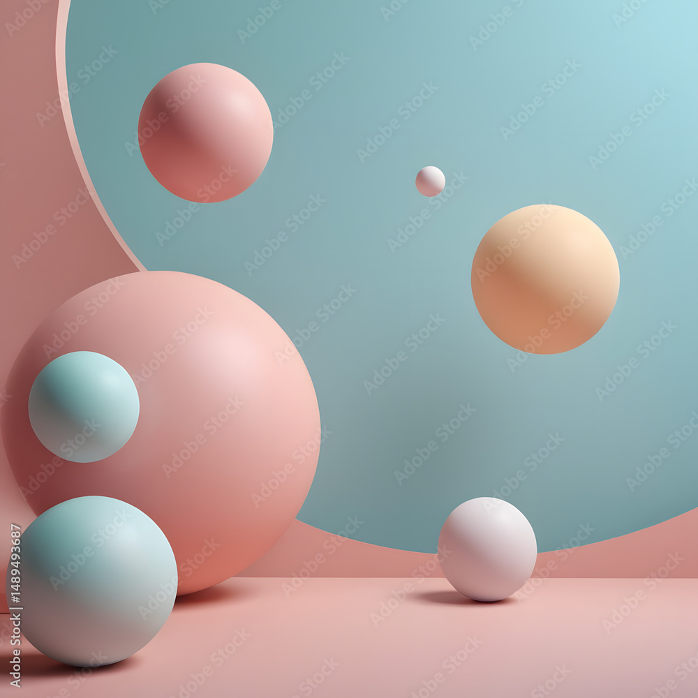 Poster abstract pastel sphere composition 3d render of floating balls