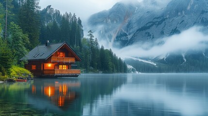 Fototapeta premium Tranquil Floating Cabin on Serene Lake Surrounded by Majestic Mountains at Dawn with Mist and Calm Waters.