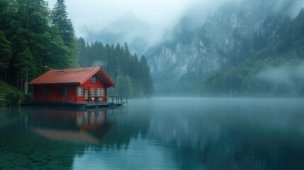 Fototapeta premium Tranquil Floating Cabin on Serene Lake Surrounded by Majestic Mountains at Dawn with Mist and Calm Waters.