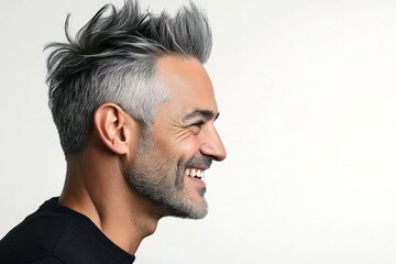 Obraz premium Trendy men's spiky hair haircut - midlife arabian man with middle hair. Visual idea of style for aging men. An artistic man expressing confidence in his portrait. Pure white solid background.