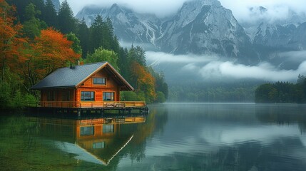Fototapeta premium Tranquil Floating Cabin on Serene Lake Surrounded by Majestic Mountains at Dawn with Mist and Calm Waters.