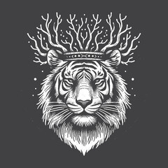 Obraz premium Rustic Tiger With Tree Branch Crown Drawing – Vintage Regal Wildlife Animal Vector Artwork for Nature-Inspired Apparel, Posters, and T-Shirt Designs on Dark Background