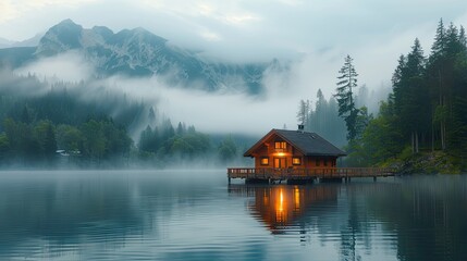 Fototapeta premium Tranquil Floating Cabin on Serene Lake Surrounded by Majestic Mountains at Dawn with Mist and Calm Waters.