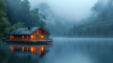 Fototapeta premium Tranquil Floating Cabin on Serene Lake Surrounded by Majestic Mountains at Dawn with Mist and Calm Waters.