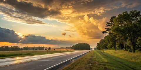 Scenic Road at Sunset with Dramatic Clouds