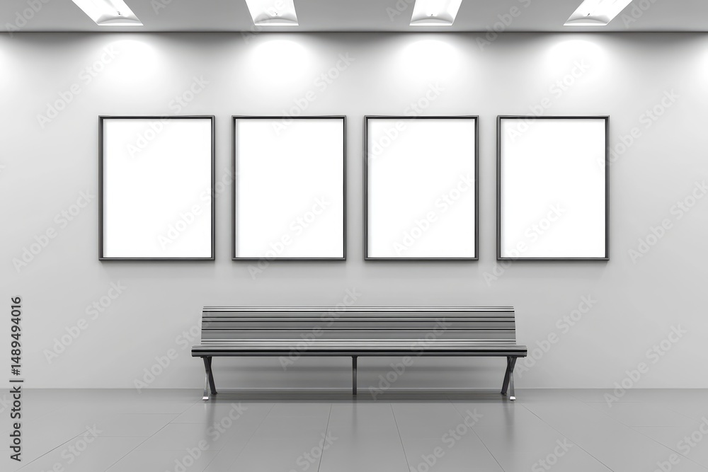 Poster empty gallery space with four blank displays and bench