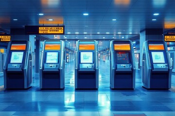 Fototapeta premium Row of ticket vending machines in a brightly lit modern subway station with reflective floors and illuminated signboards