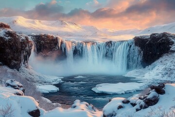 Fototapeta premium Majestic frozen waterfall surrounded by snow-covered rocky cliffs with vibrant pink and orange sunset sky