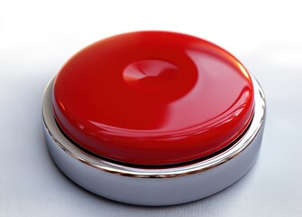 shiny red emergency stop button with silver base on white surface